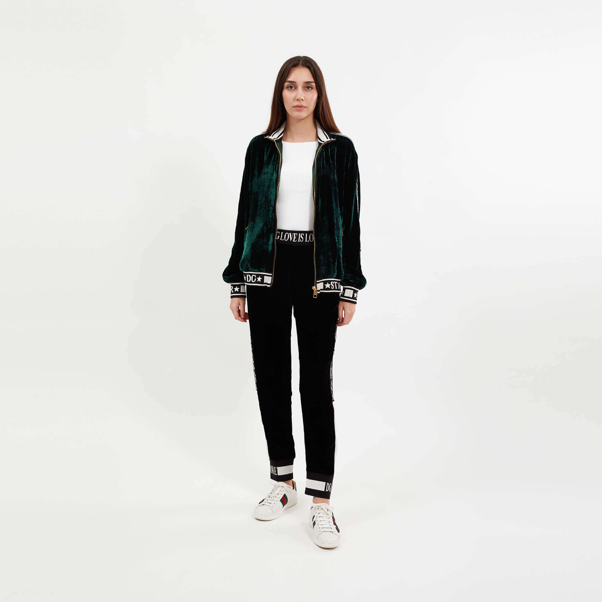 Dolce&Gabbana - Green Velvet DG Star Logo Stripe Front Zip Jacket & Jogger Pants Set